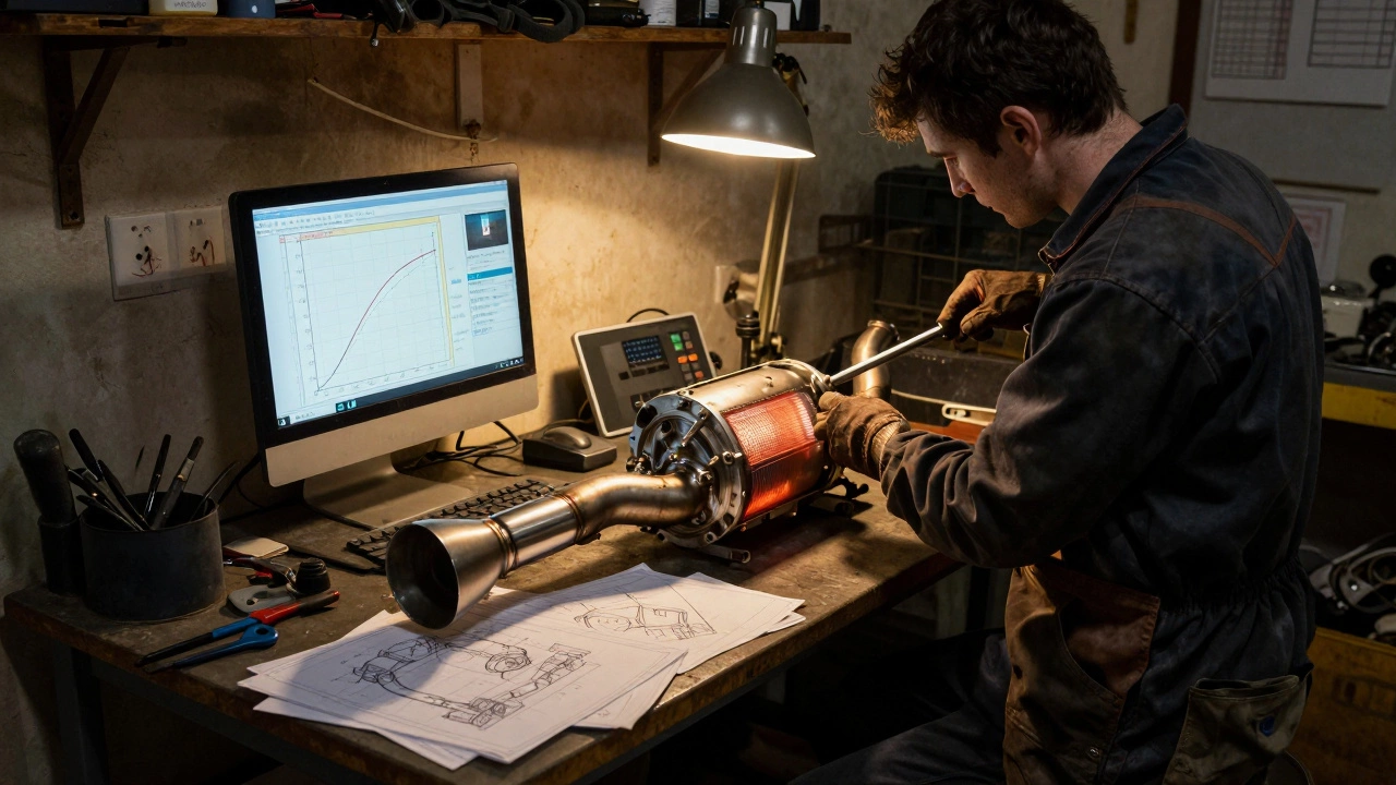 An old-school performance shop with hand-drawn blueprints and a glowing custom exhaust on a workbench.