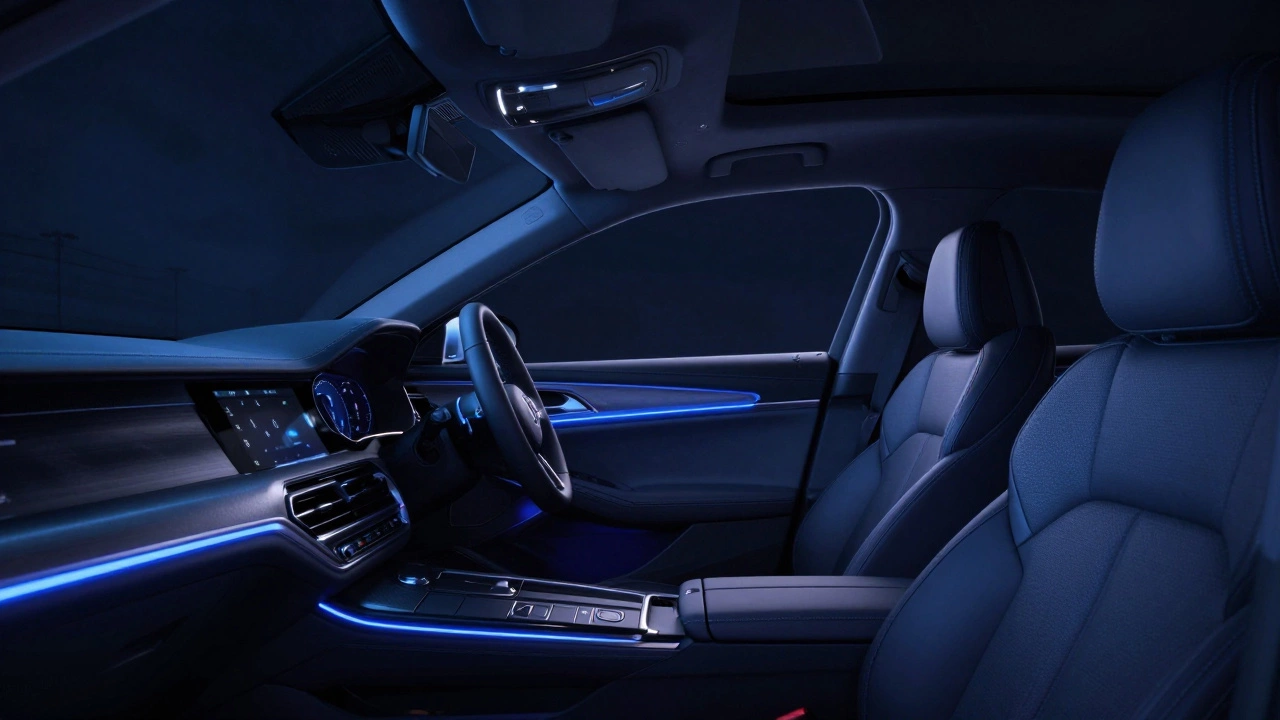 Car interior with blue ambient LED lighting in nighttime setting.