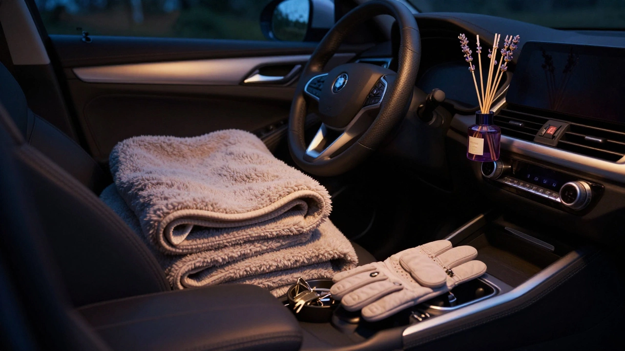Cozy car interior with blanket, diffuser, and soft lighting at night.