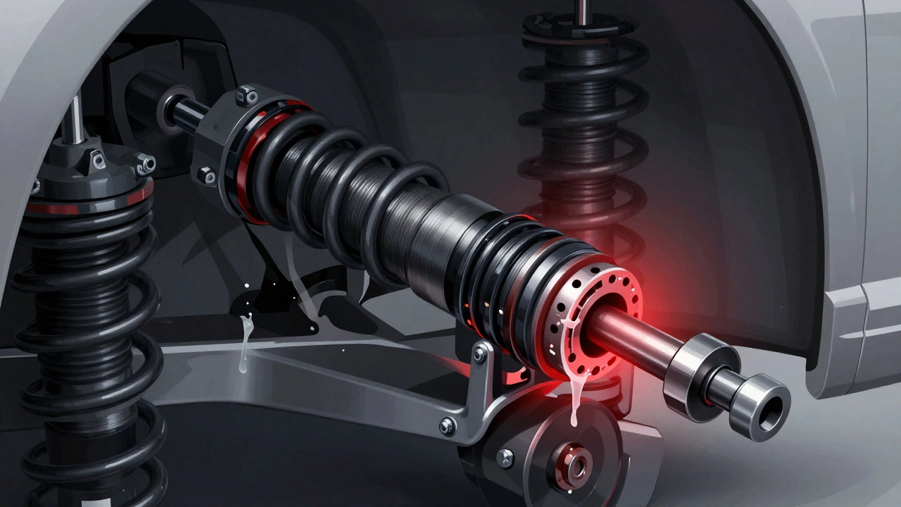 Cross-sectional view of a damaged shock absorber with bent piston and leaking fluid due to excessive preload.