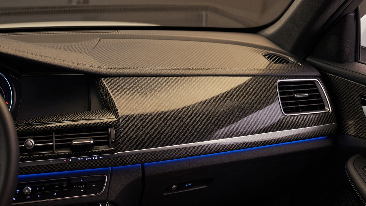 Dashboard with carbon fiber vinyl wrap under ambient lighting.