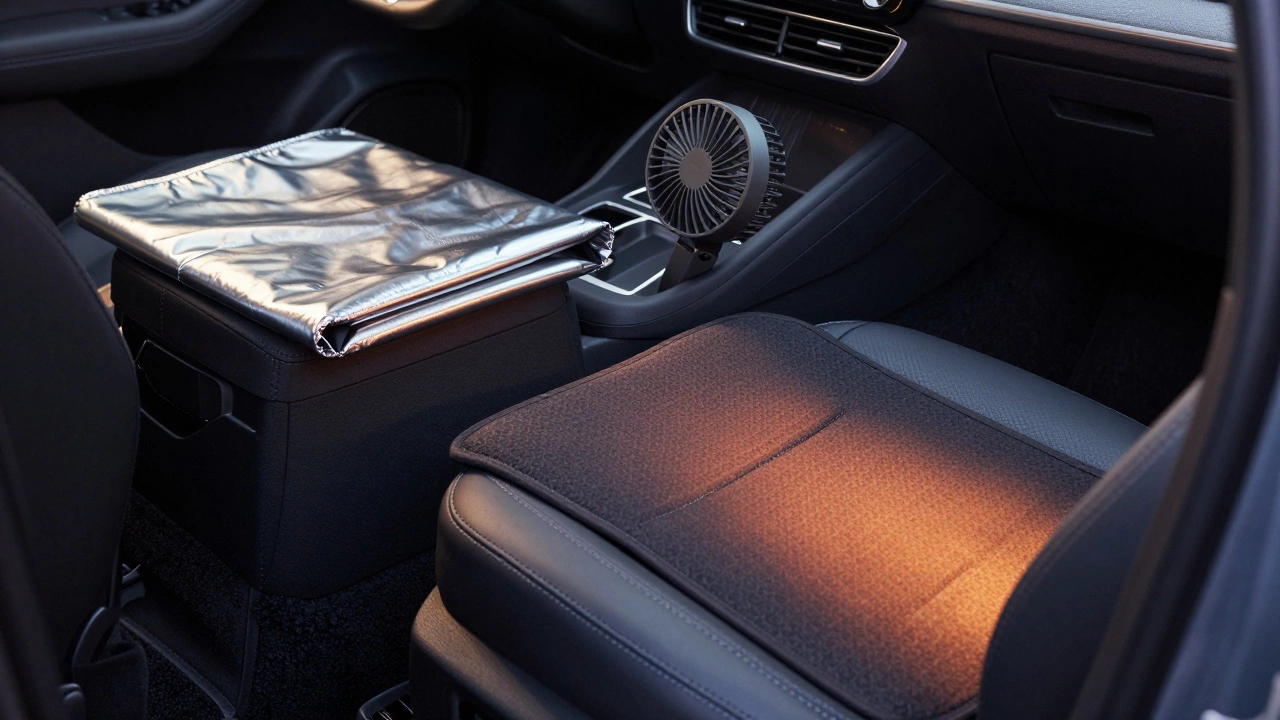 Heated seat pad and vent fan improving car comfort in cool weather.