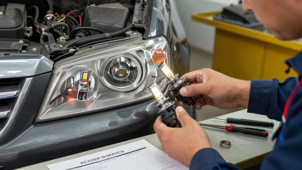 Mechanic replacing illegal LED bulbs with original halogen bulbs before inspection.