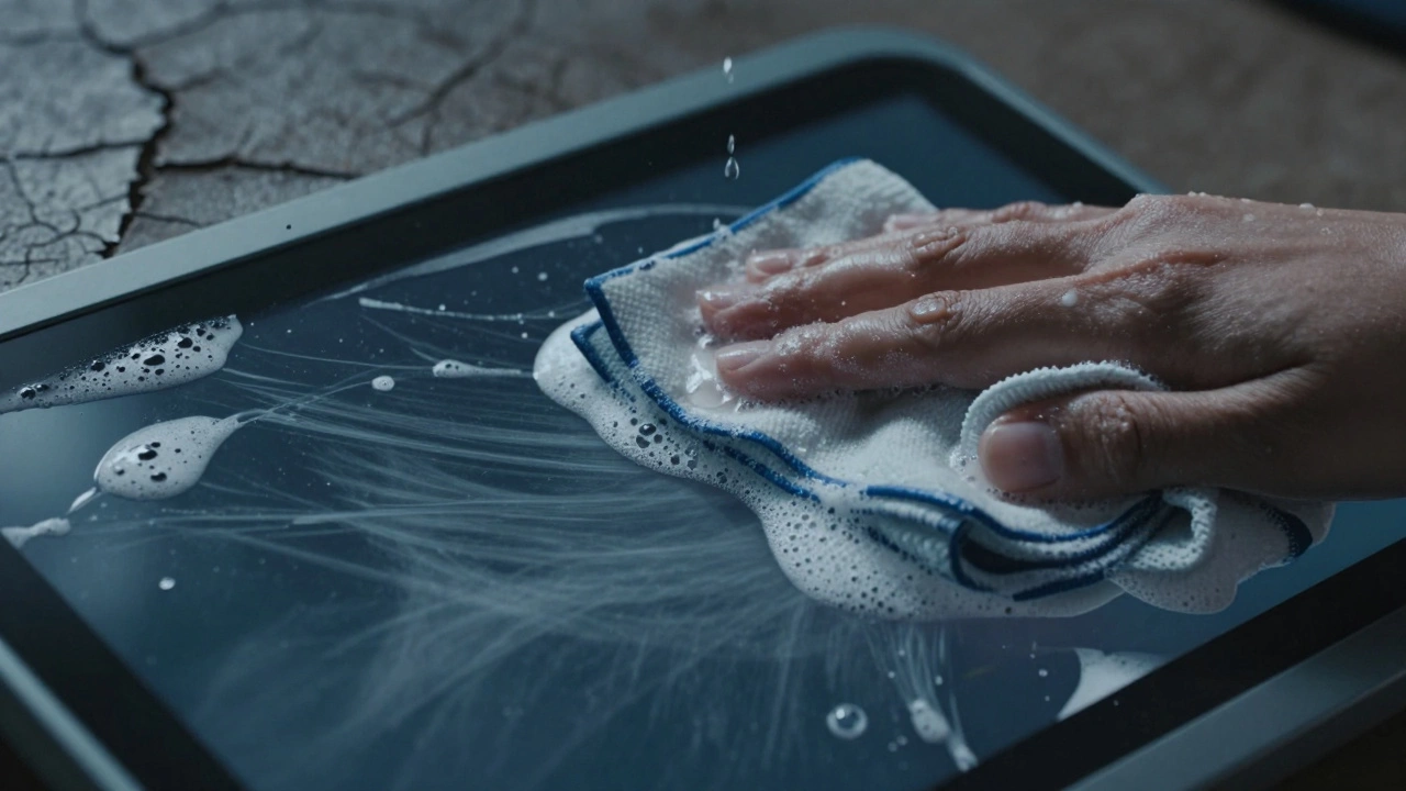 Microfiber cloth wiping a streaky touchscreen, with cracked leather and peeling plastic in the background.