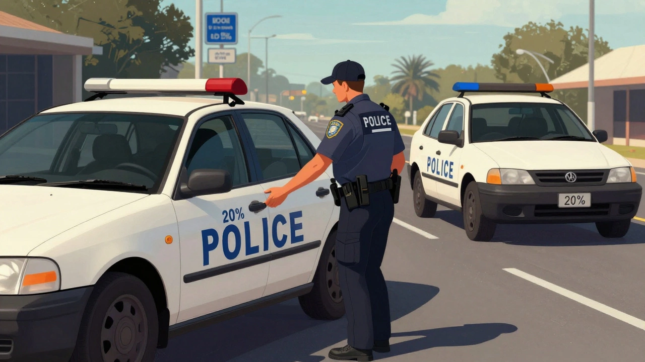 Police officer stopping a car with illegal front window tint, while another car with legal tint drives by.