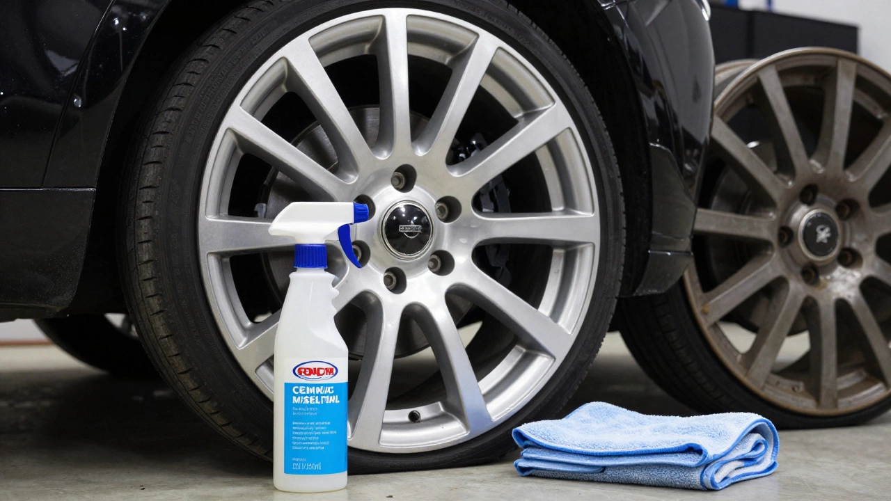 Refurbished alloy wheel next to sealant bottle, showing proper maintenance