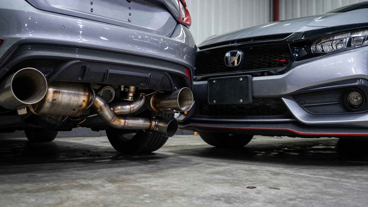 Side-by-side comparison of a flawed budget exhaust and a precision-built custom exhaust on two different cars.