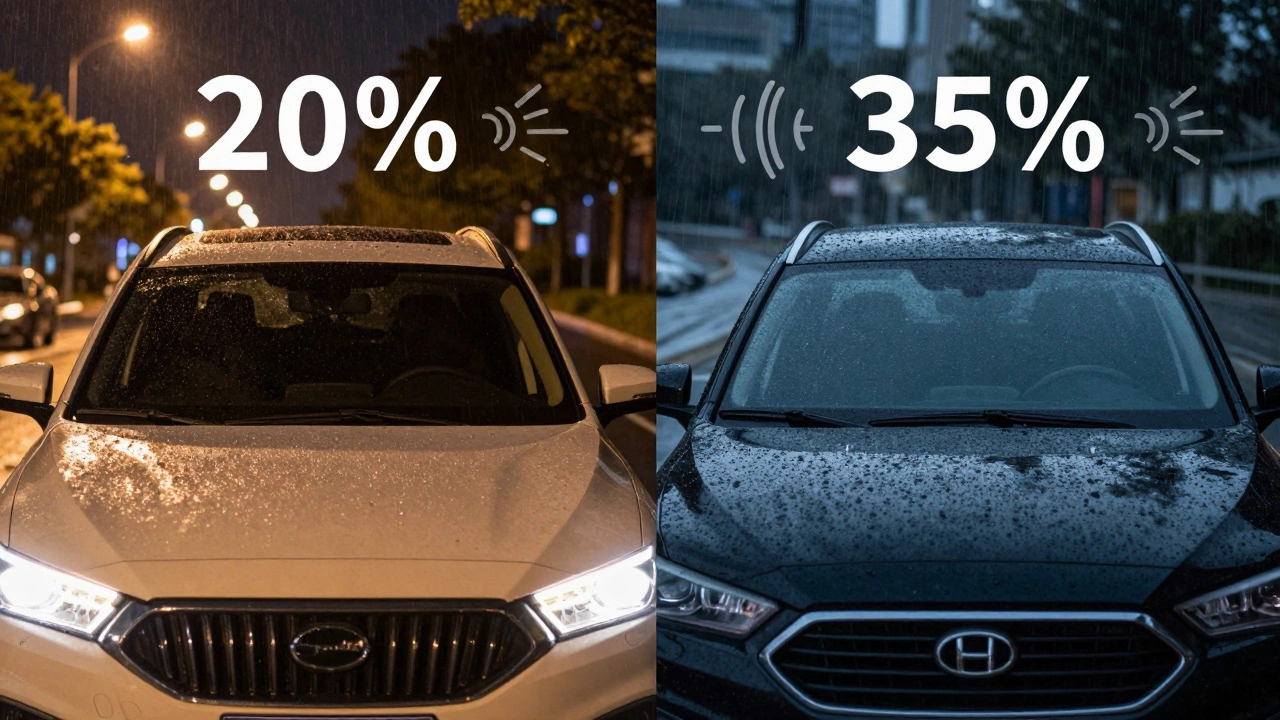 Side-by-side comparison of night driving visibility: blurry 20% tint vs clear 35% tint under rain and lights.