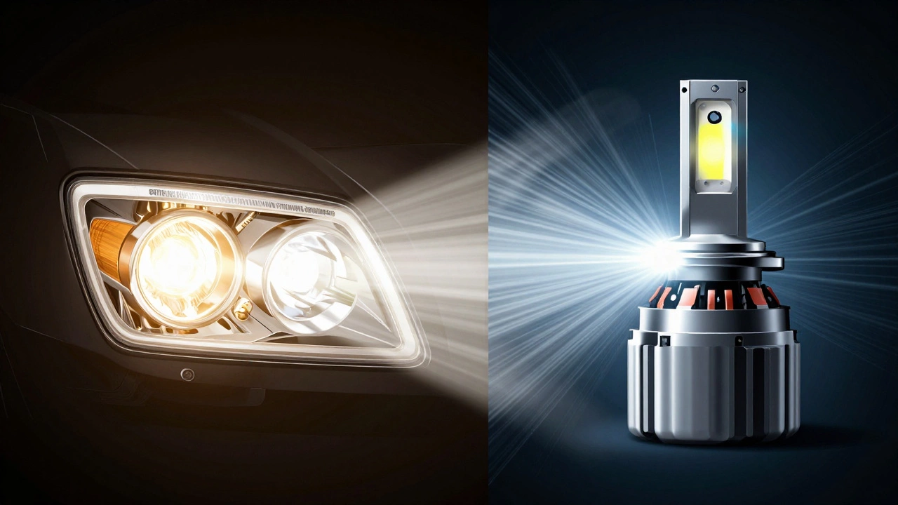 Side-by-side comparison of proper LED beam pattern versus dangerous scattered glare.
