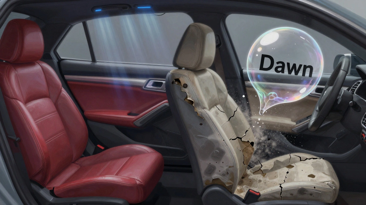 Split illustration of a car interior: one side preserved, the other damaged by Dawn soap stripping protective layers.