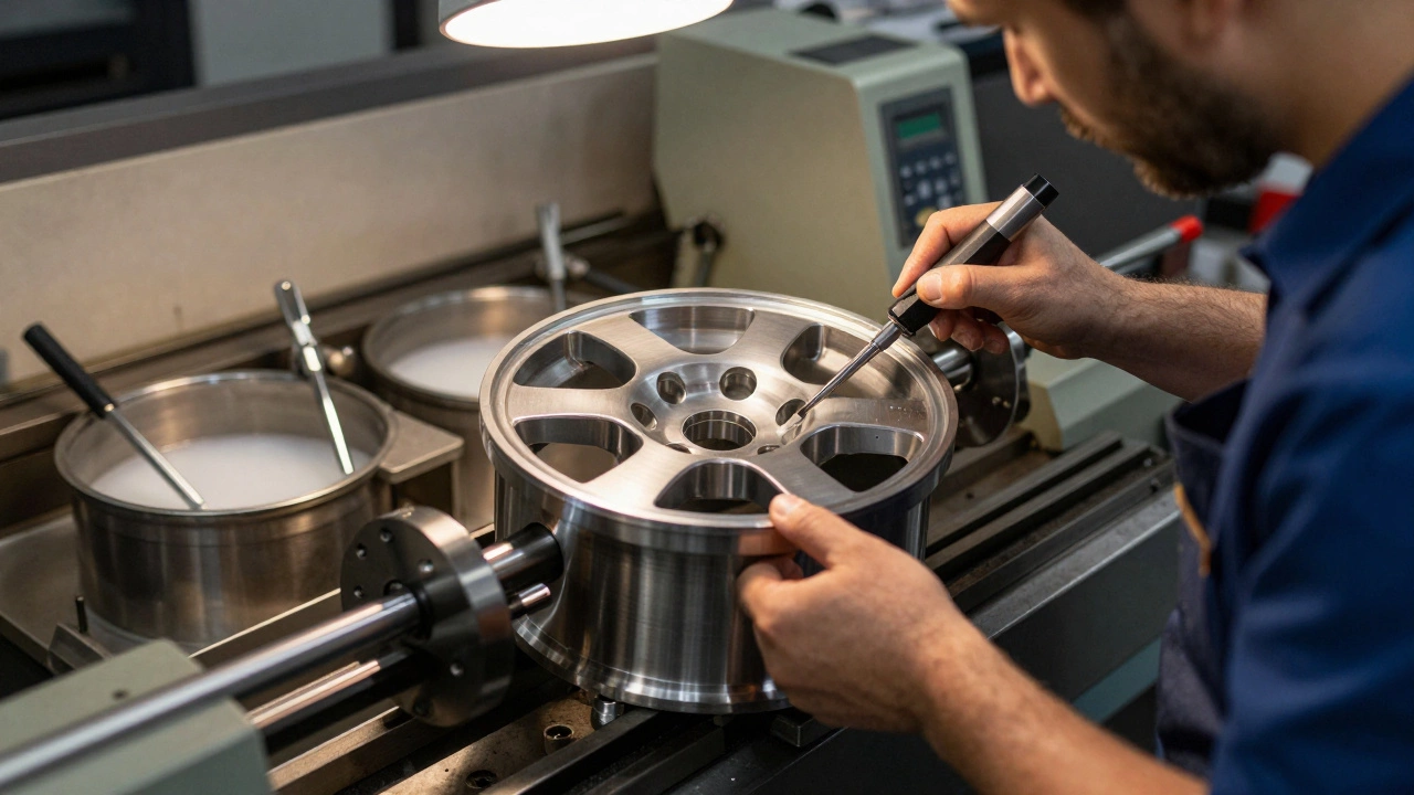 Technician using a lathe to repair a damaged alloy wheel in a shop