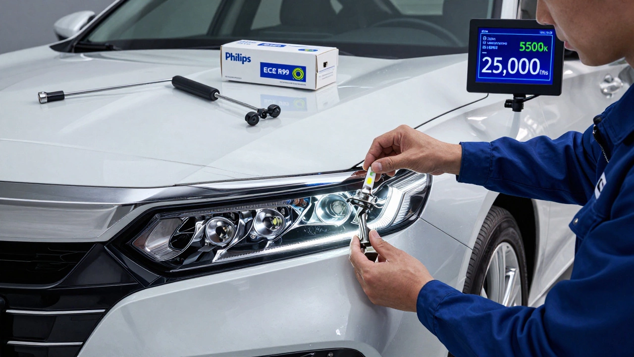 A certified LED headlight assembly being installed in a car, with certification labels and technical specs visible.