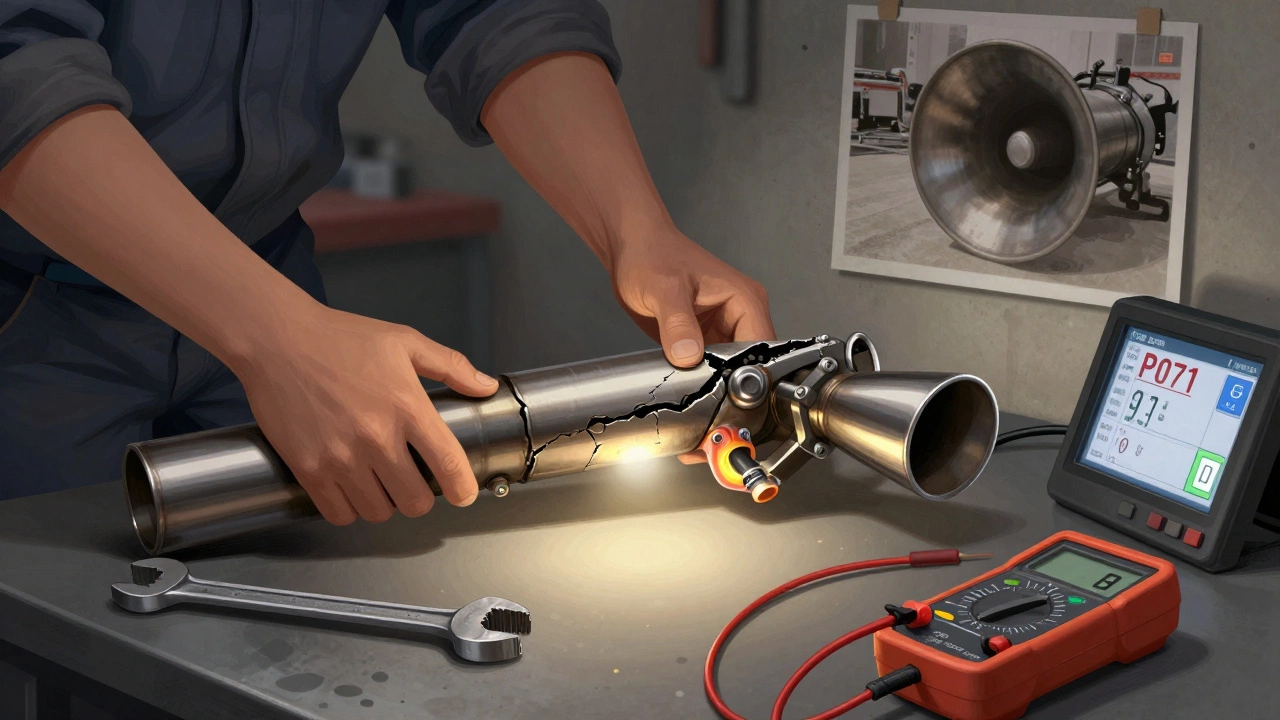 A mechanic examines a damaged exhaust header and melted oxygen sensor under workshop lights.