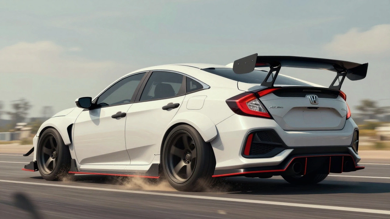 A modified Honda Civic with a widebody kit and large spoiler, showing turbulent air and drag.