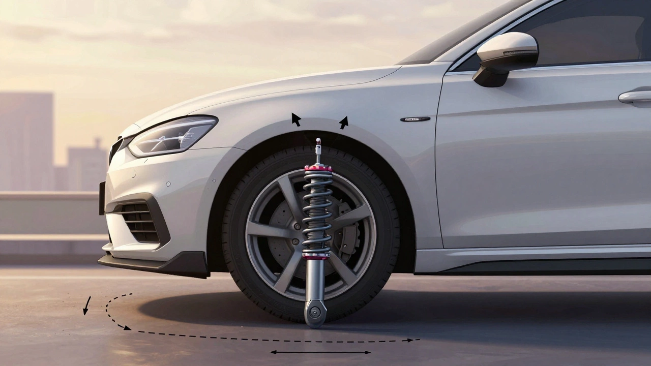 Car suspension showing misaligned camber and toe angles after lowering springs installation.