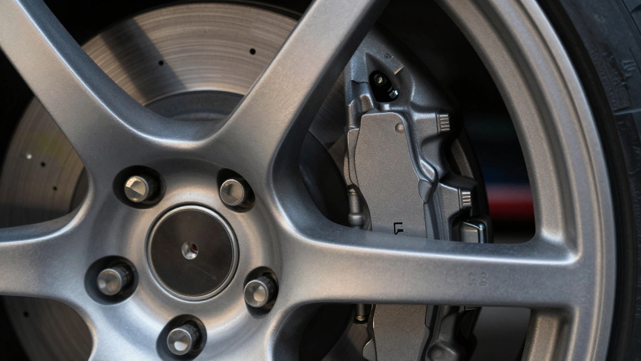 Close up of brake caliper and wheel spacer installation