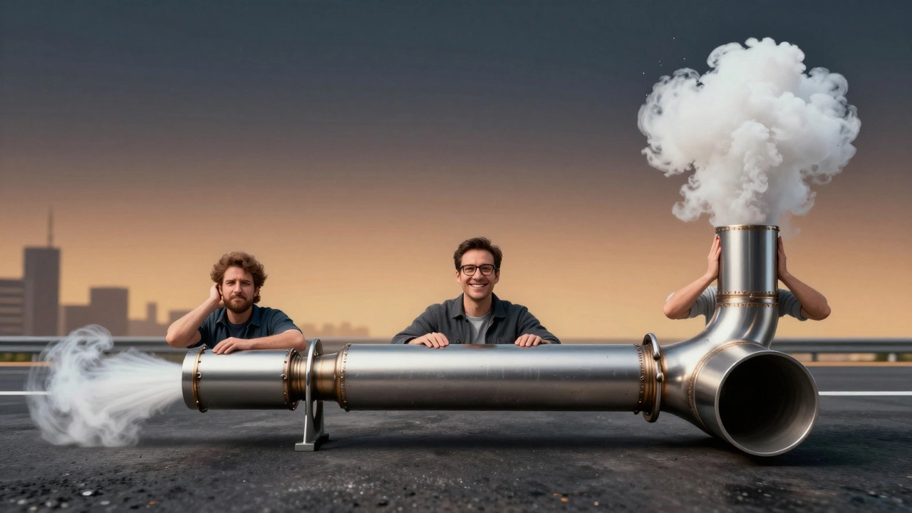 Comparison of exhaust sizes: narrow, optimal, and oversized pipes affecting car performance and driver comfort.