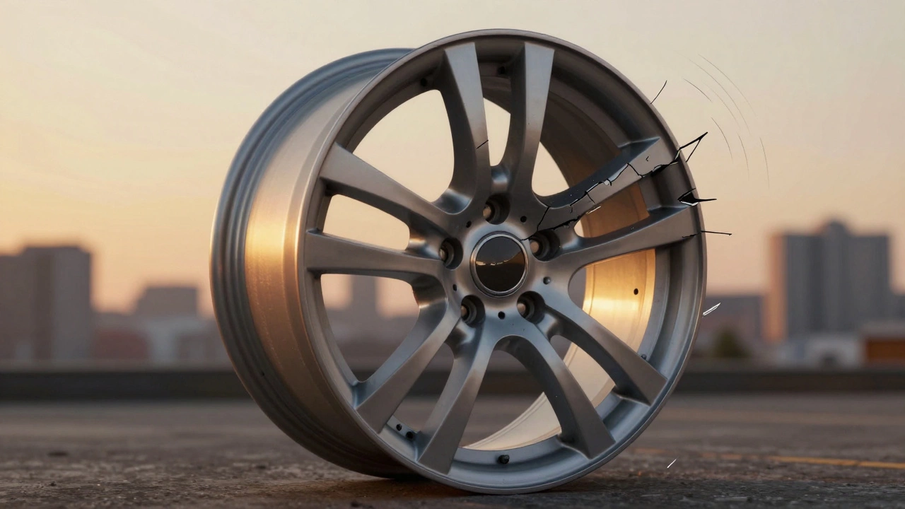 Cracked alloy wheel with structural damage under dramatic lighting, symbolizing failure risk.
