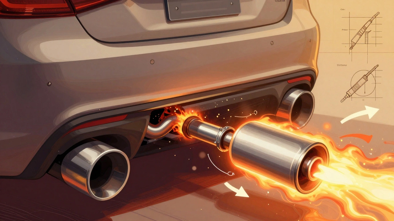 Cutaway view of an exhaust system showing fuel igniting inside the pipe, with glowing components.