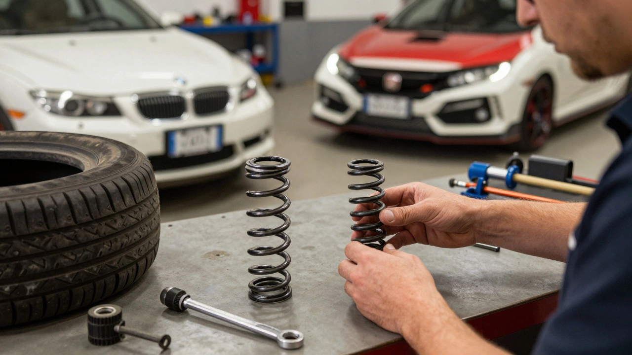 DIYer comparing stock and aftermarket springs with alignment tools and worn tire on workbench.