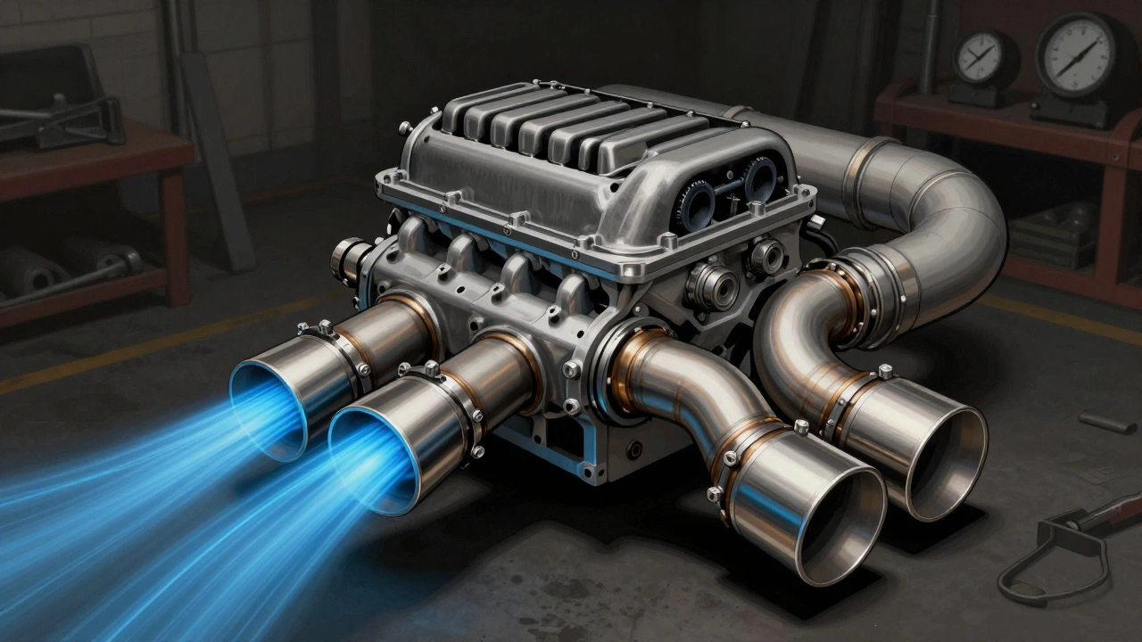 Dual 3-inch exhaust pipes with an X-pipe on a V8 engine, showing clean airflow visualization against a faded factory pipe.