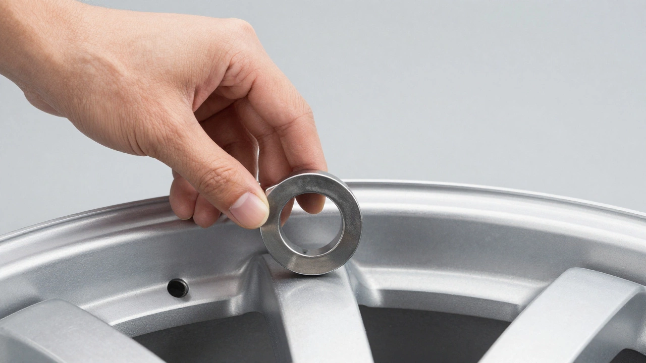 Hand pressing strong magnet against wheel rim to test material type.