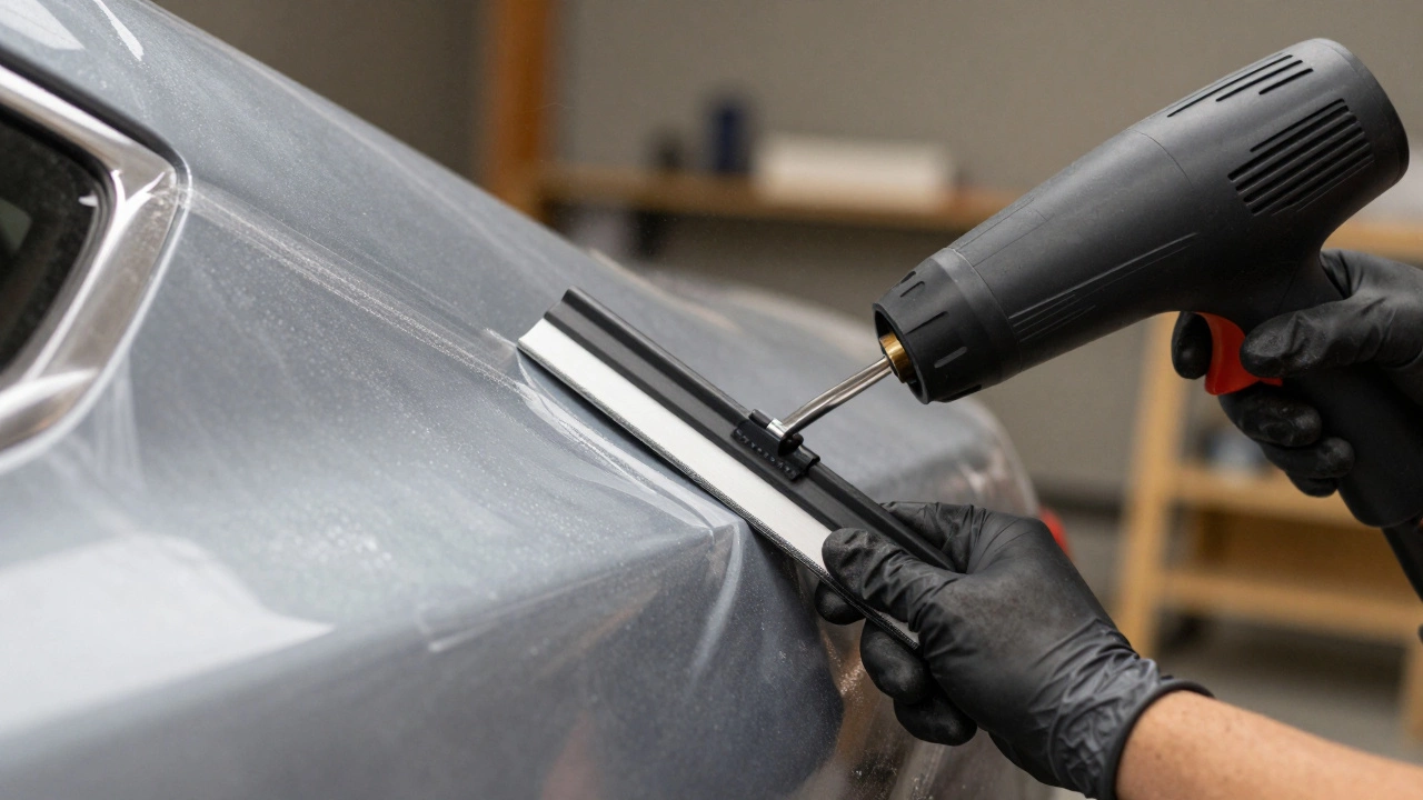 Installer applying vinyl film with squeegee tool