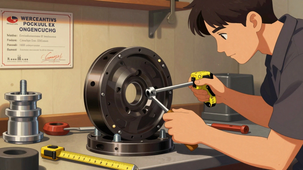 Mechanic inspecting a wheel spacer with torque wrench and engineering compliance plate in background.