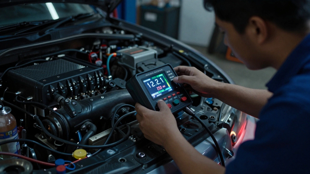 Mechanic tuning an ECU device connected to a car, with exhaust glowing faintly in the background.