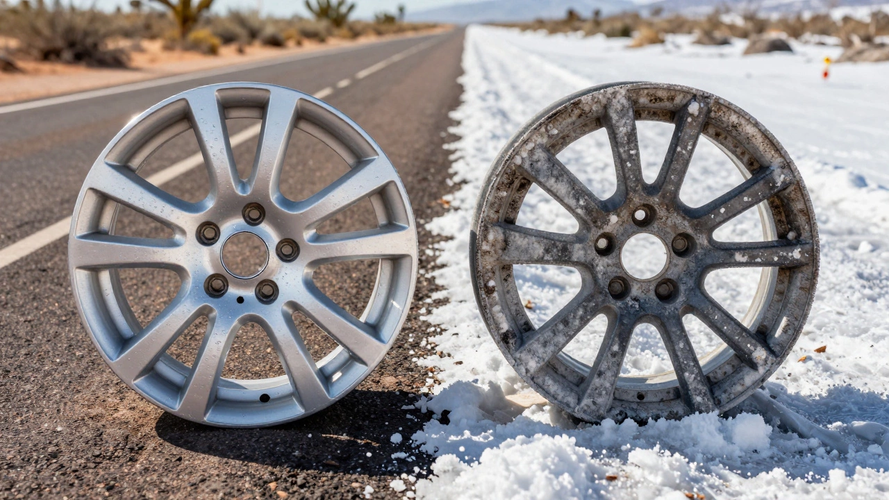 Side-by-side alloy wheels showing contrast between well-maintained and corroded conditions.