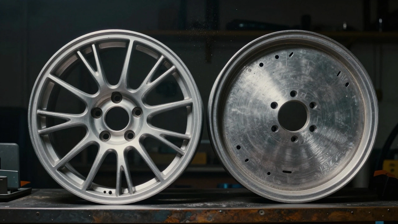 Side by side comparison of cast alloy wheel and stamped steel wheel textures.