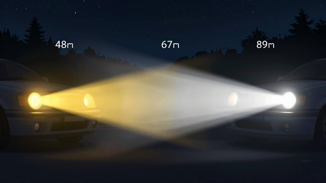 Side-by-side comparison of halogen, xenon, and LED headlights showing their differing ranges and clarity on a dark road.
