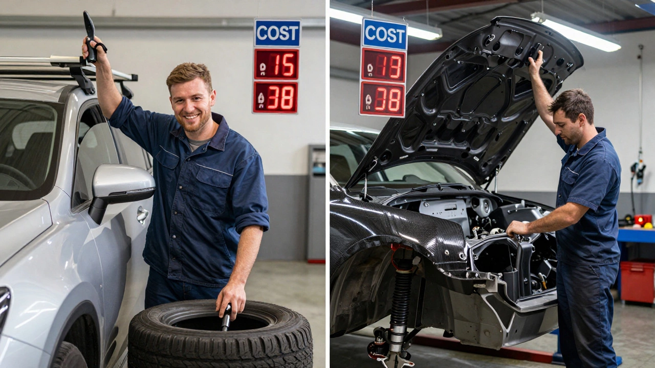 Side-by-side scene: one side shows tire maintenance, the other shows body kit installation.