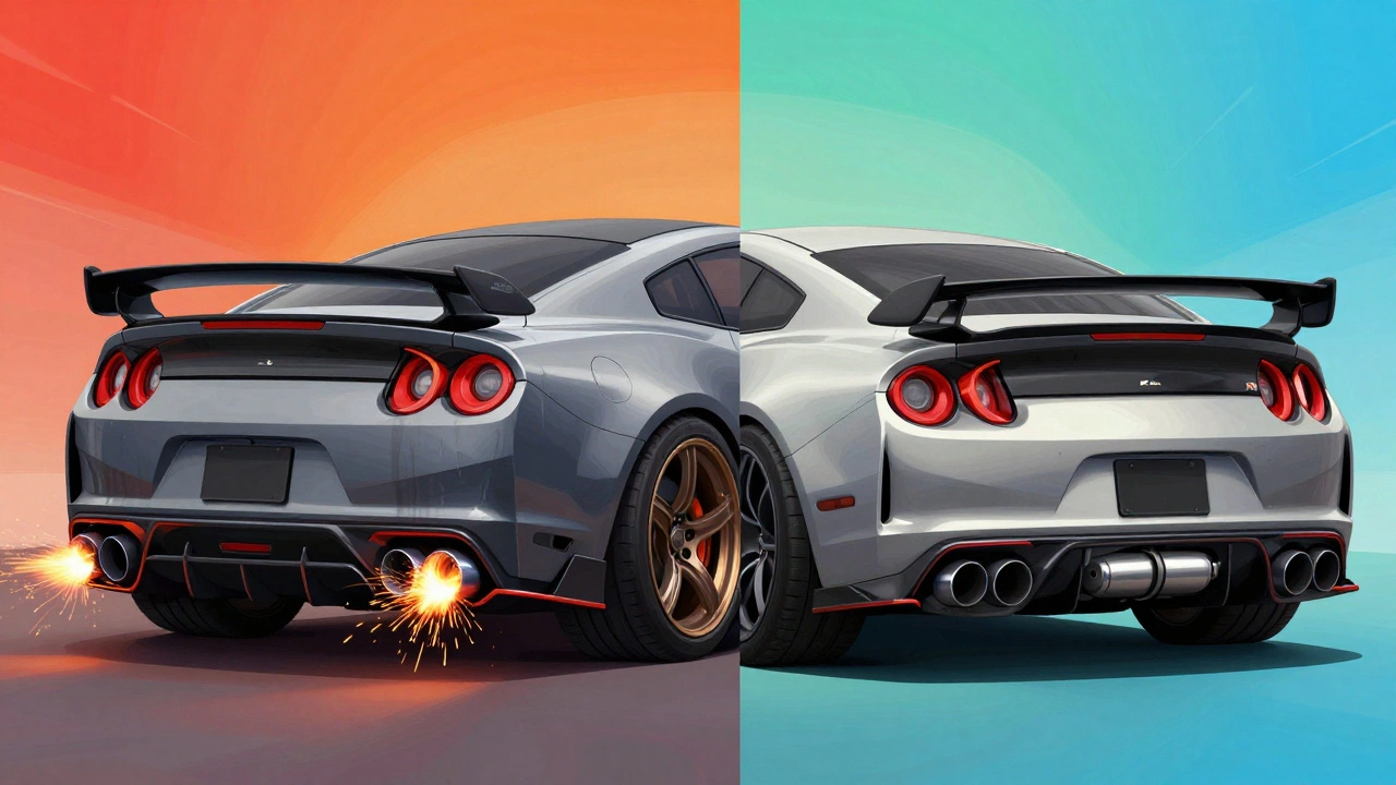 Split image: chaotic backfiring exhaust vs. clean, safe exhaust with catalytic converter.