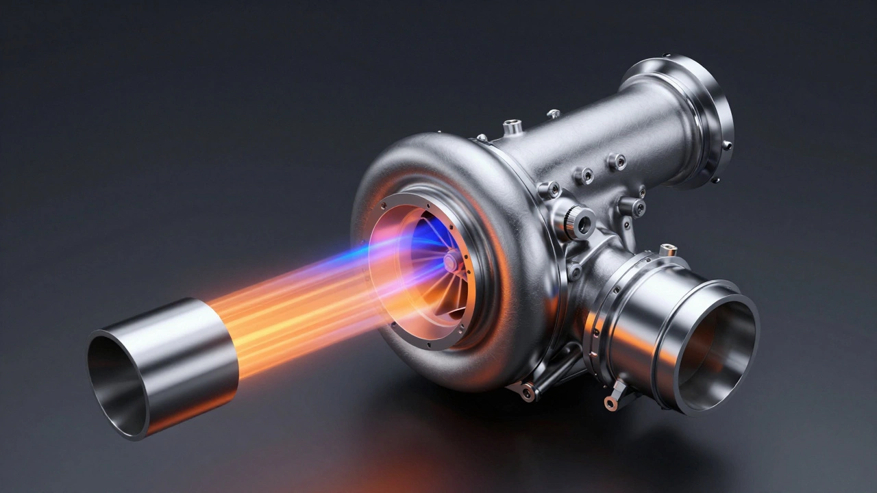 3D render of a turbocharger and high-flow stainless steel exhaust pipe