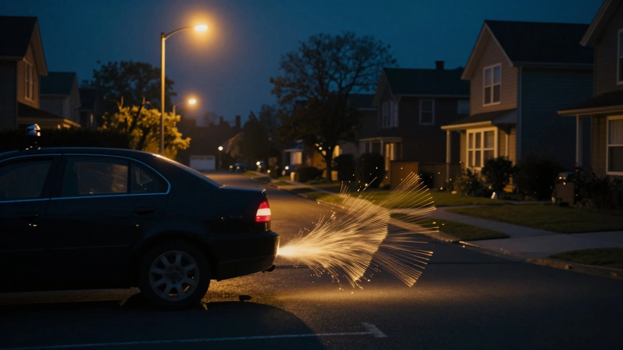 A car driving through a quiet residential street at night with visible sound waves