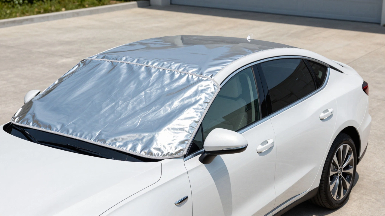 A car with a reflective windshield sunshade and ceramic window tinting