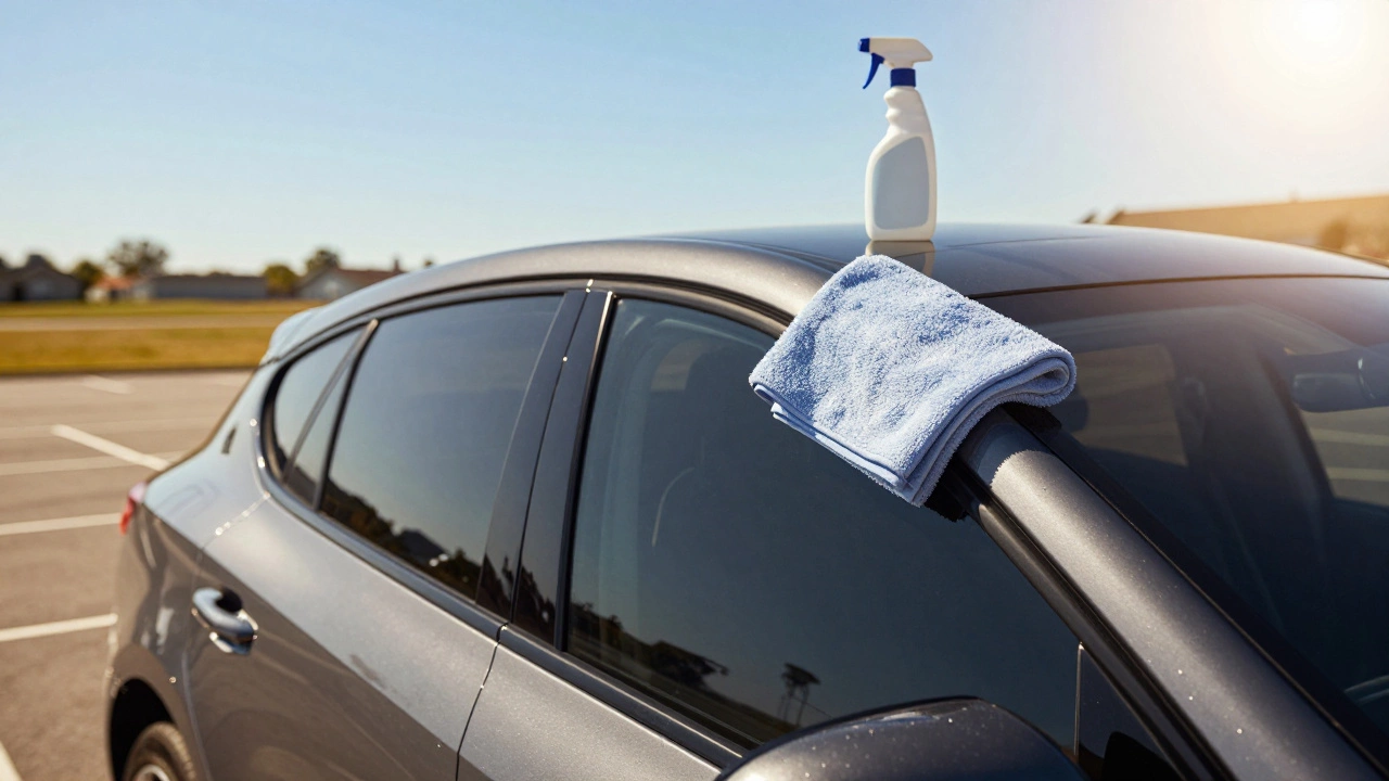 A car with perfectly cured dark window tint parked in bright sunlight