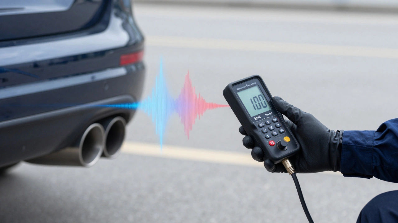 A hand holding a decibel meter to measure the noise level of a car exhaust