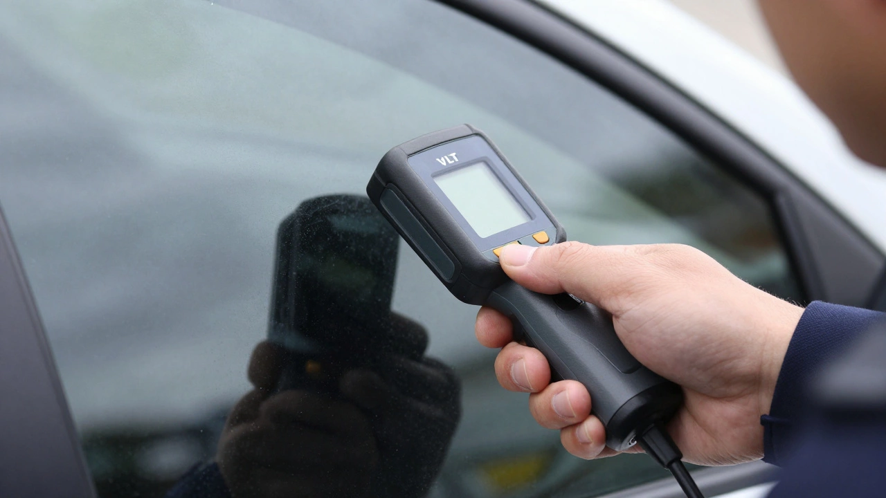 A hand using a digital VLT meter to measure the darkness of a car window