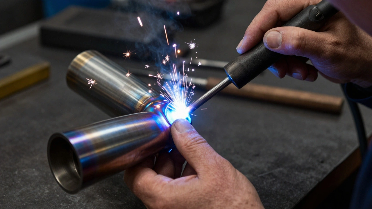 Close-up of a professional welder working on a titanium exhaust tip