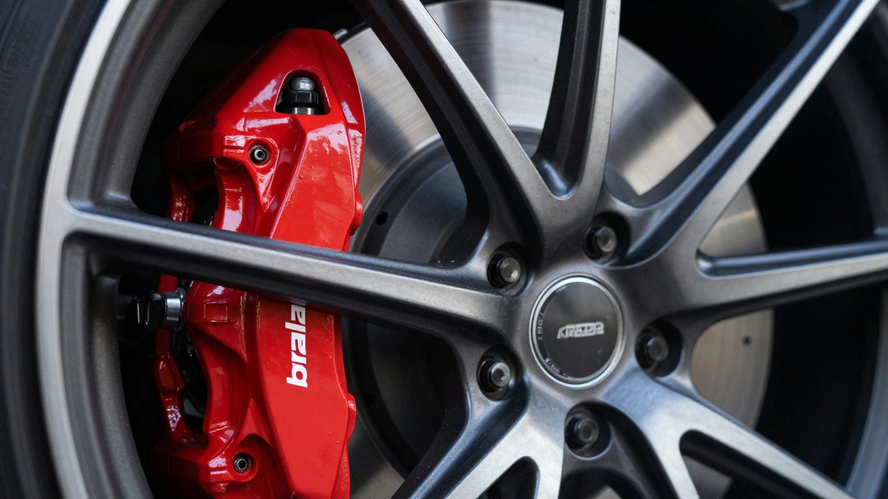 Close-up of a red brake caliper and the inner spokes of a forged alloy wheel