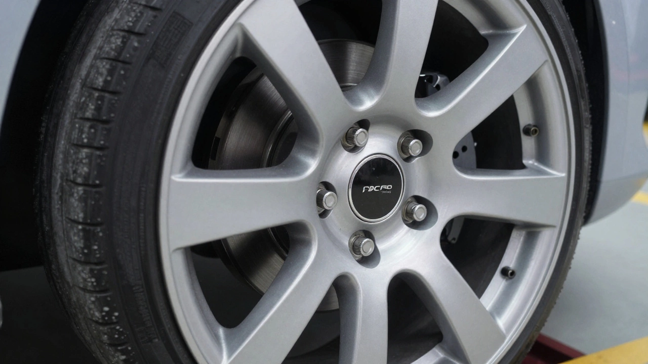 Close-up of an alloy wheel hub showing the bolt pattern and offset alignment.
