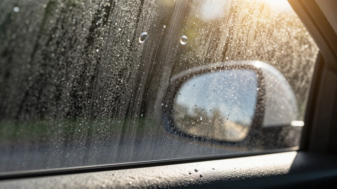 Close-up of tiny water bubbles in the curing process of a car window tint