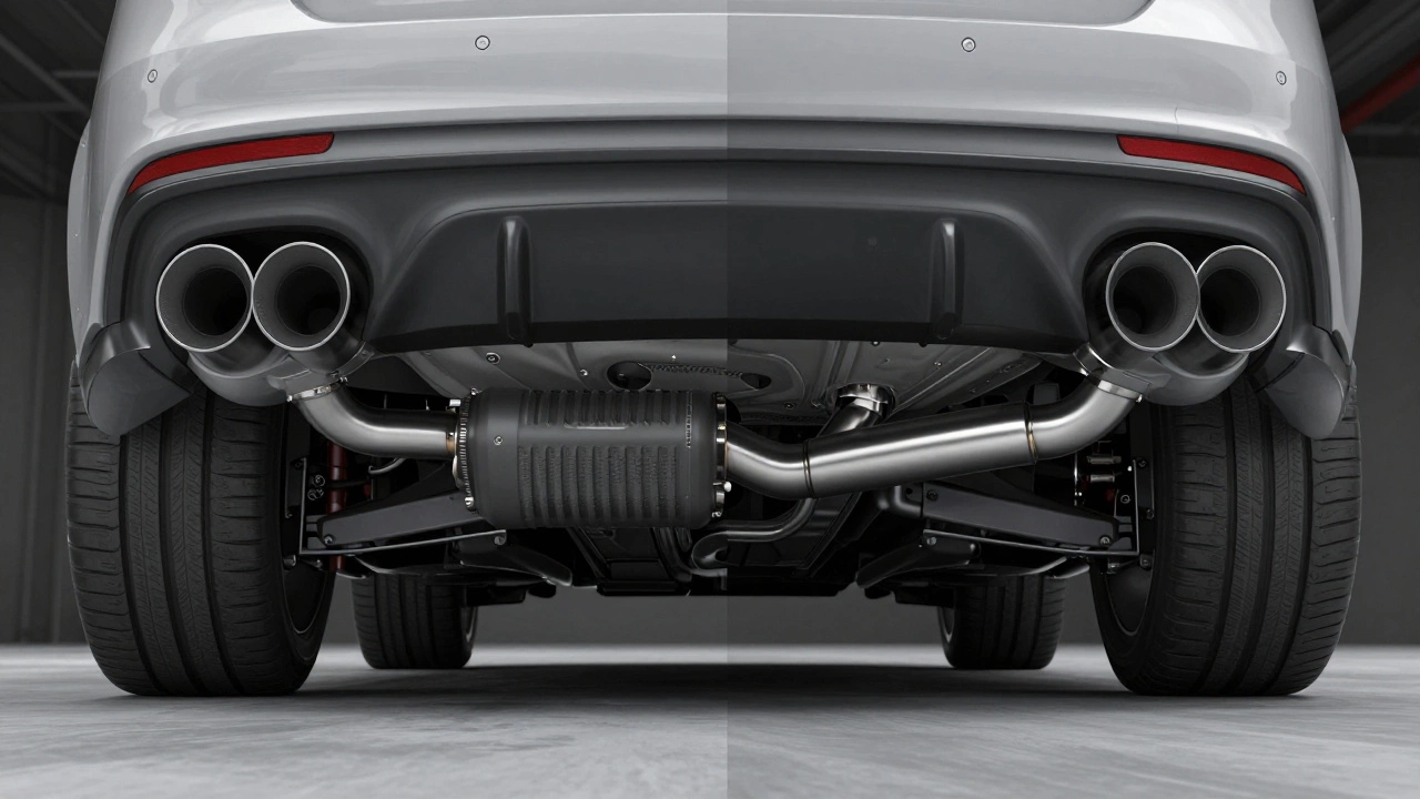 Comparison between a complex stock exhaust system and a simple straight pipe