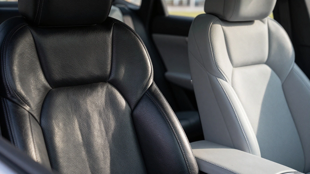 Comparison between a hot black leather car seat and a cool grey fabric seat