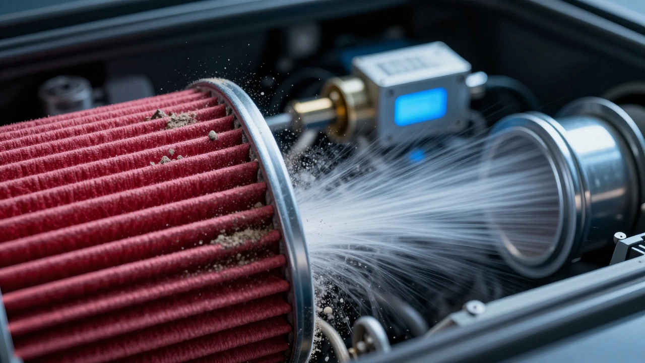 Conceptual view of a red oiled filter trapping dust to protect the engine's MAF sensor.