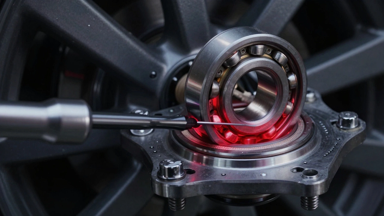 Cutaway view of a wheel bearing with red highlights showing increased mechanical stress