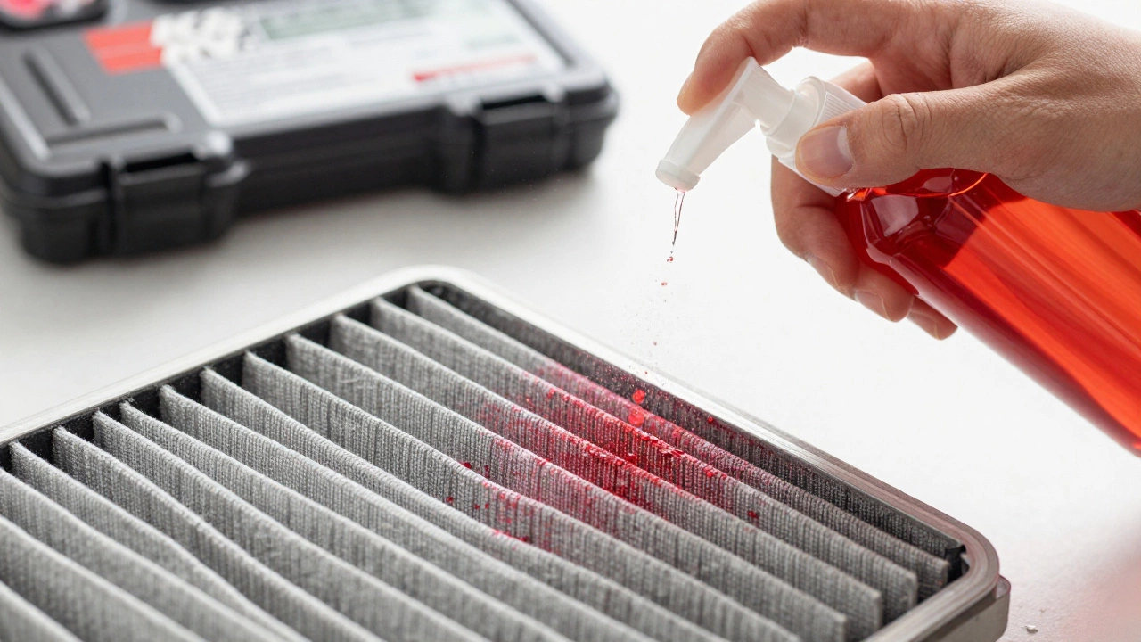 Hand applying red oil to the dirty side of a pleated high-performance air filter.