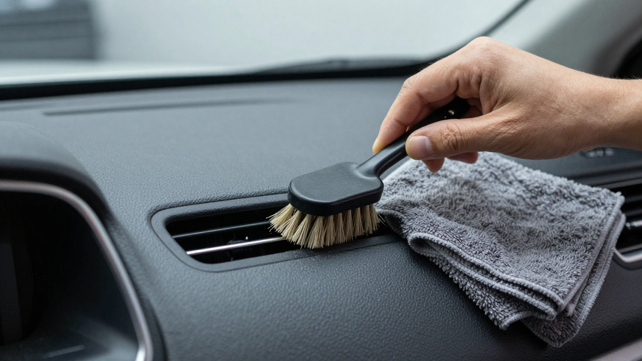 Hand using a detailing brush and microfiber cloth to clean car vents